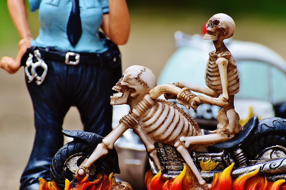 biker, skeleton, policewoman, control, creepy, weird, decoration HD wallpaper
