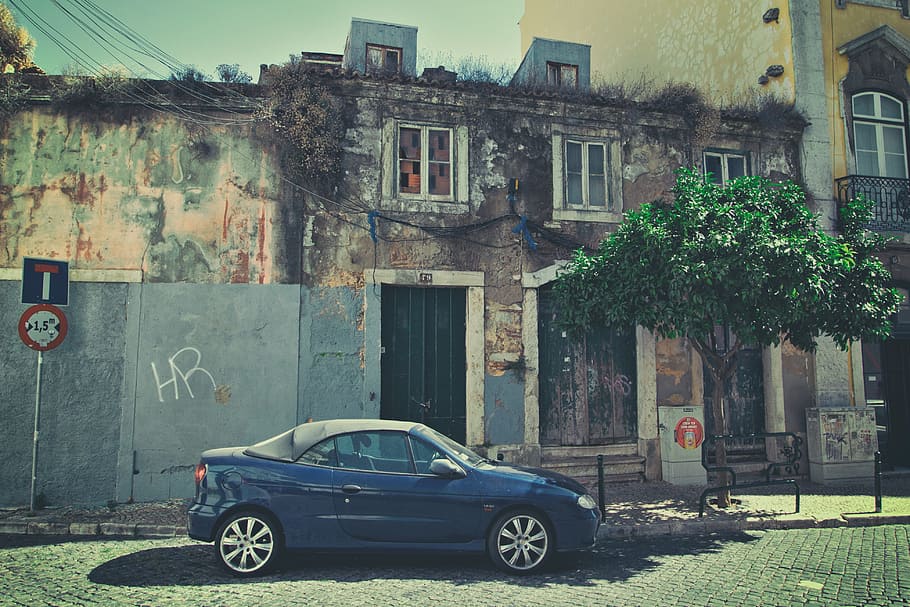 Street shot of a car sitting on an old back street in Lisbon, Portugal, image captured with a Canon DSLR HD wallpaper