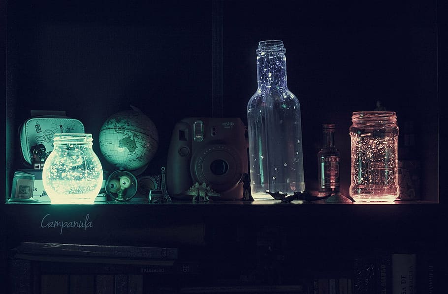 light, bottles, phosphorescent, container, indoors, glass - material HD wallpaper