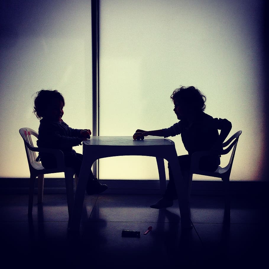 children, shadows, lights, two people, sitting, real people HD wallpaper