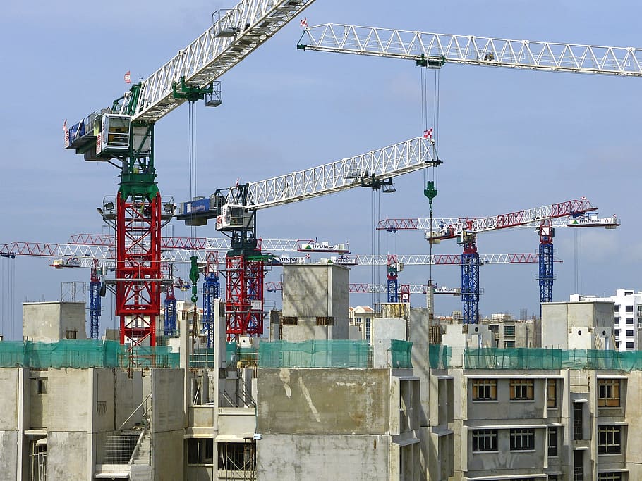 white and red crane on top of buildings, construction, site, building construction, HD wallpaper