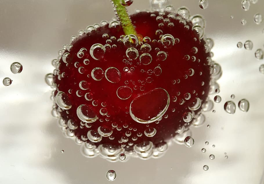 cherry fruit on water, Blow, Bubbles, water bubbles, air bubbles HD wallpaper