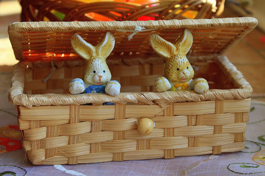 Hd Wallpaper Two Rabbit Figurines In Wicker Basket Bunnies