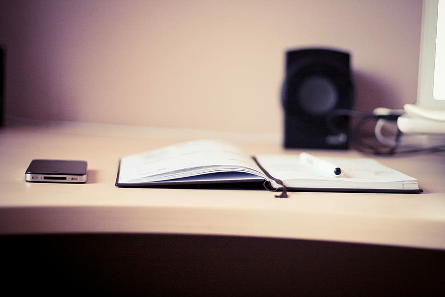 The Diary with Black iPhone, desk, home, management, mobile, notebook