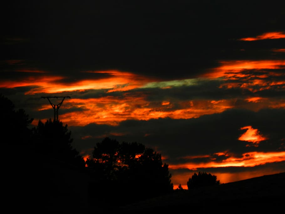 sky, flames, orange, silhouette, cloud - sky, sunset, orange color HD wallpaper