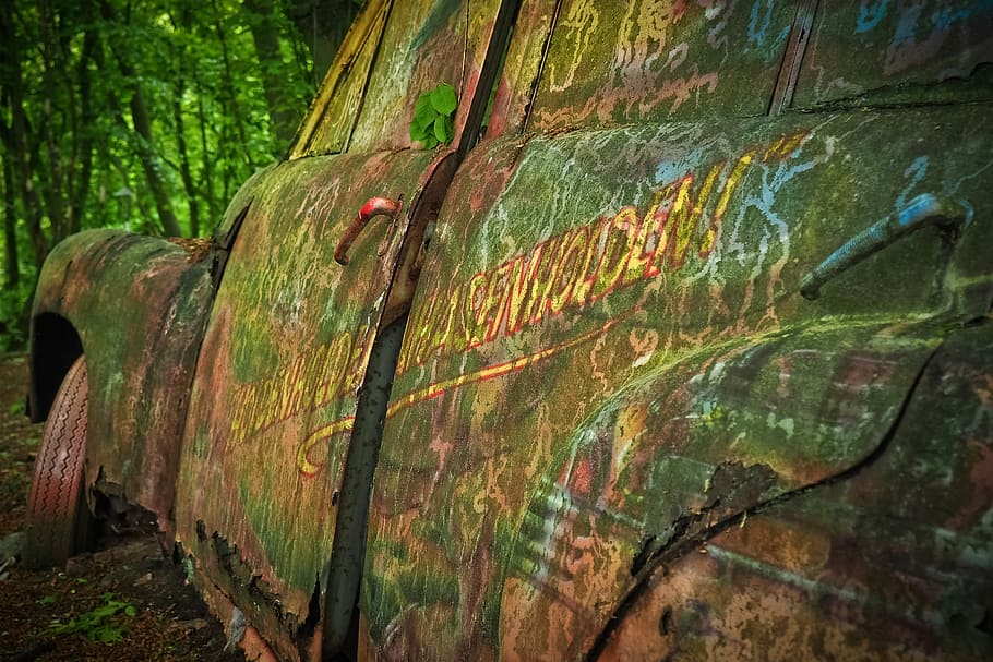 auto, car cemetery, oldtimer, rust, stainless karre, rusted HD wallpaper