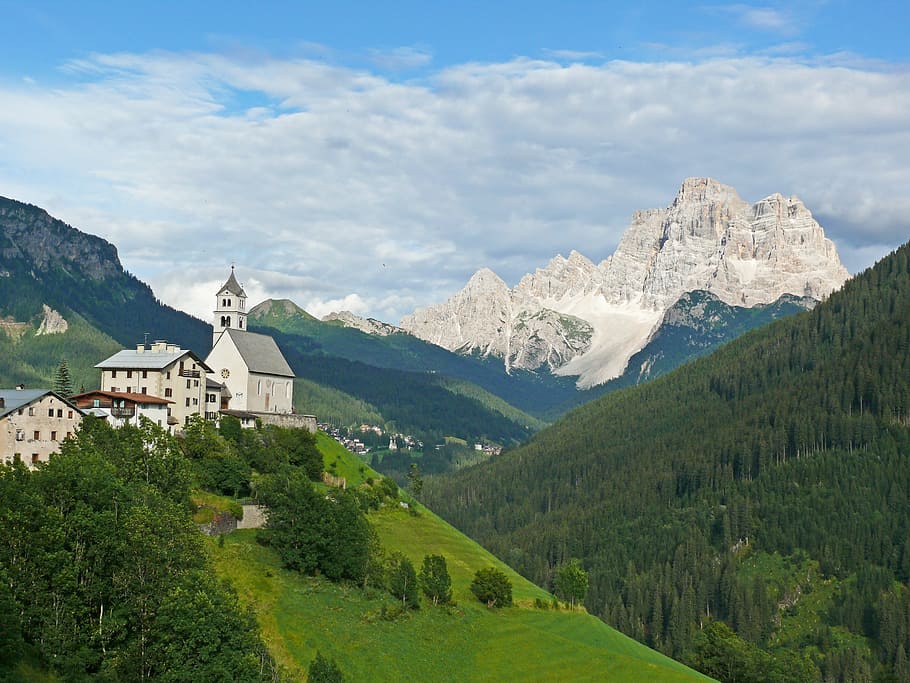 mountains, dolomites, village, nature, summer, european Alps HD wallpaper