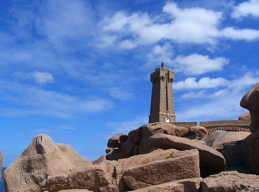 lighthouse, side, granite, pink, tide, low, sky, brittany, ploumanac HD wallpaper