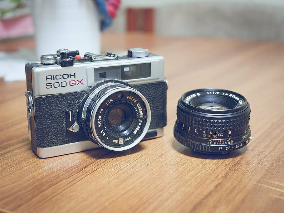 black and gray Ricoh 500 GX DSLR camera, lens, vintage, photo, HD wallpaper