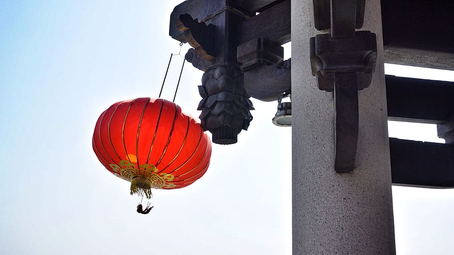 red lantern, bridge, ancient architecture, low angle view, sky HD wallpaper
