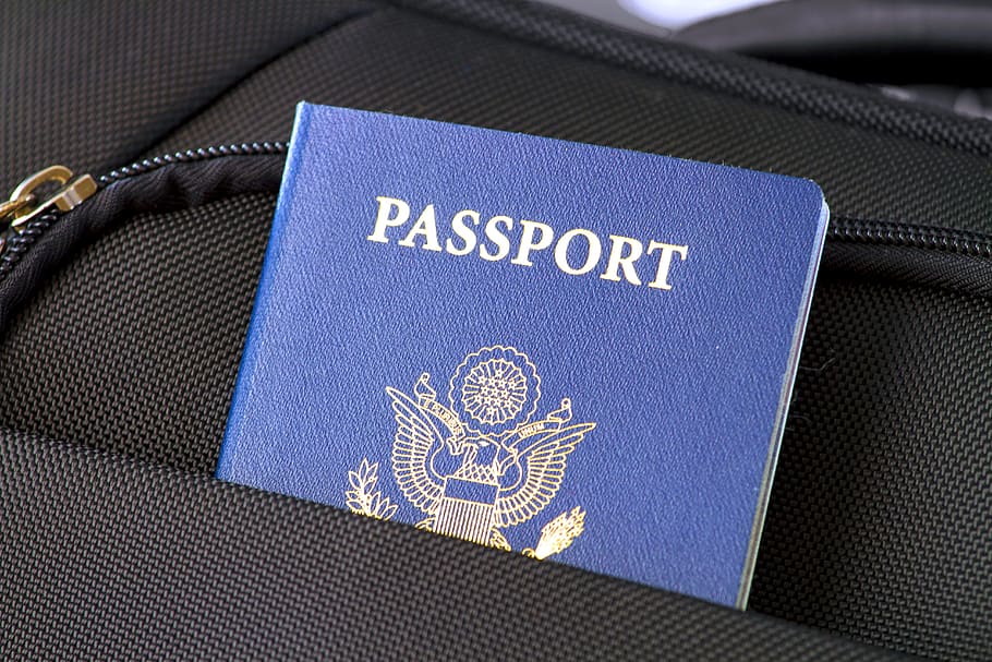 passport on black bag, flag, travel, visa, identification, usa, HD wallpaper