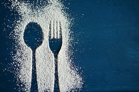 spoon and fork salt art, cutlery, icing sugar, silhouette, eat HD wallpaper