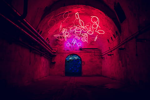 Red Chaos, brown concrete tunnel with lights, underground, neon HD wallpaper