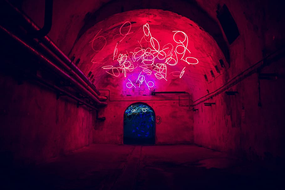 Red Chaos, brown concrete tunnel with lights, underground, neon HD wallpaper