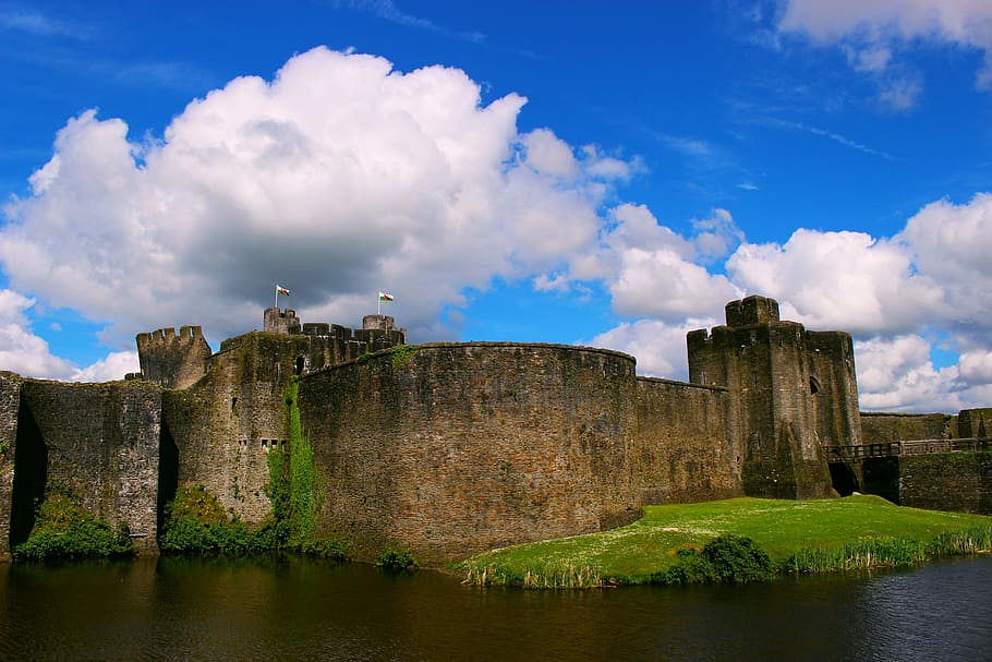 castle, fort, moat, clouds, architecture, landmark, ancient