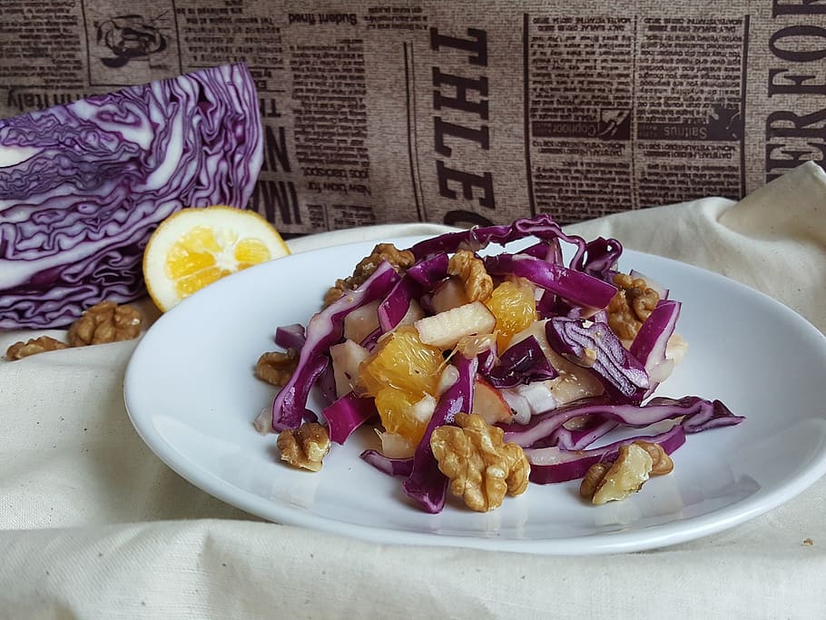 red cabbage, oranges, salad, apple, bananas, walnuts, raw food HD wallpaper