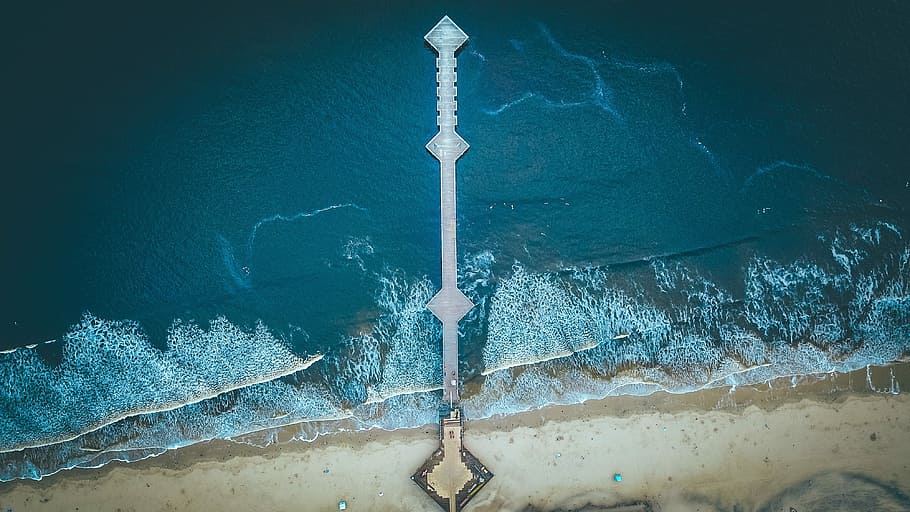 aerial photography of dock on sea, aerial photography of boardwalk on body of water at daytime HD wallpaper