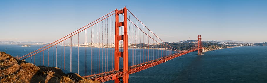 sea, landscape, mountains, sky, architecture, bay, bridge, construction HD wallpaper