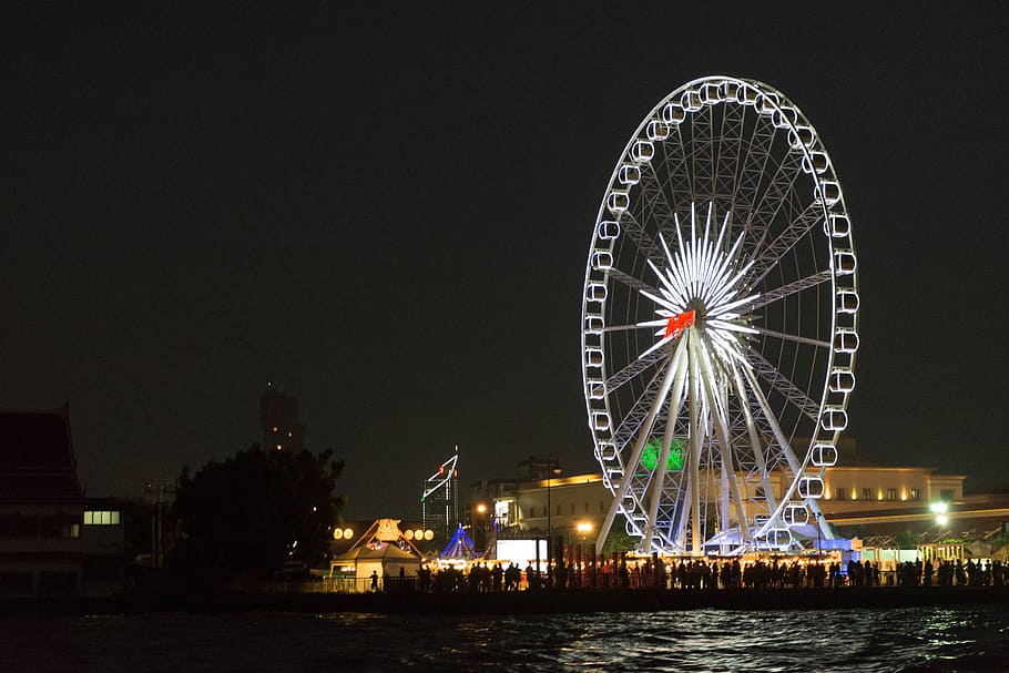 building, light, ferris wheel, cool, sky, buildings, sunset HD wallpaper