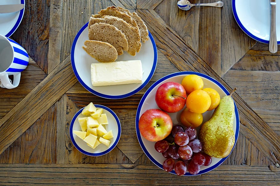 plate of fruits, breakfast, bread, butter, cheese, wooden table HD wallpaper