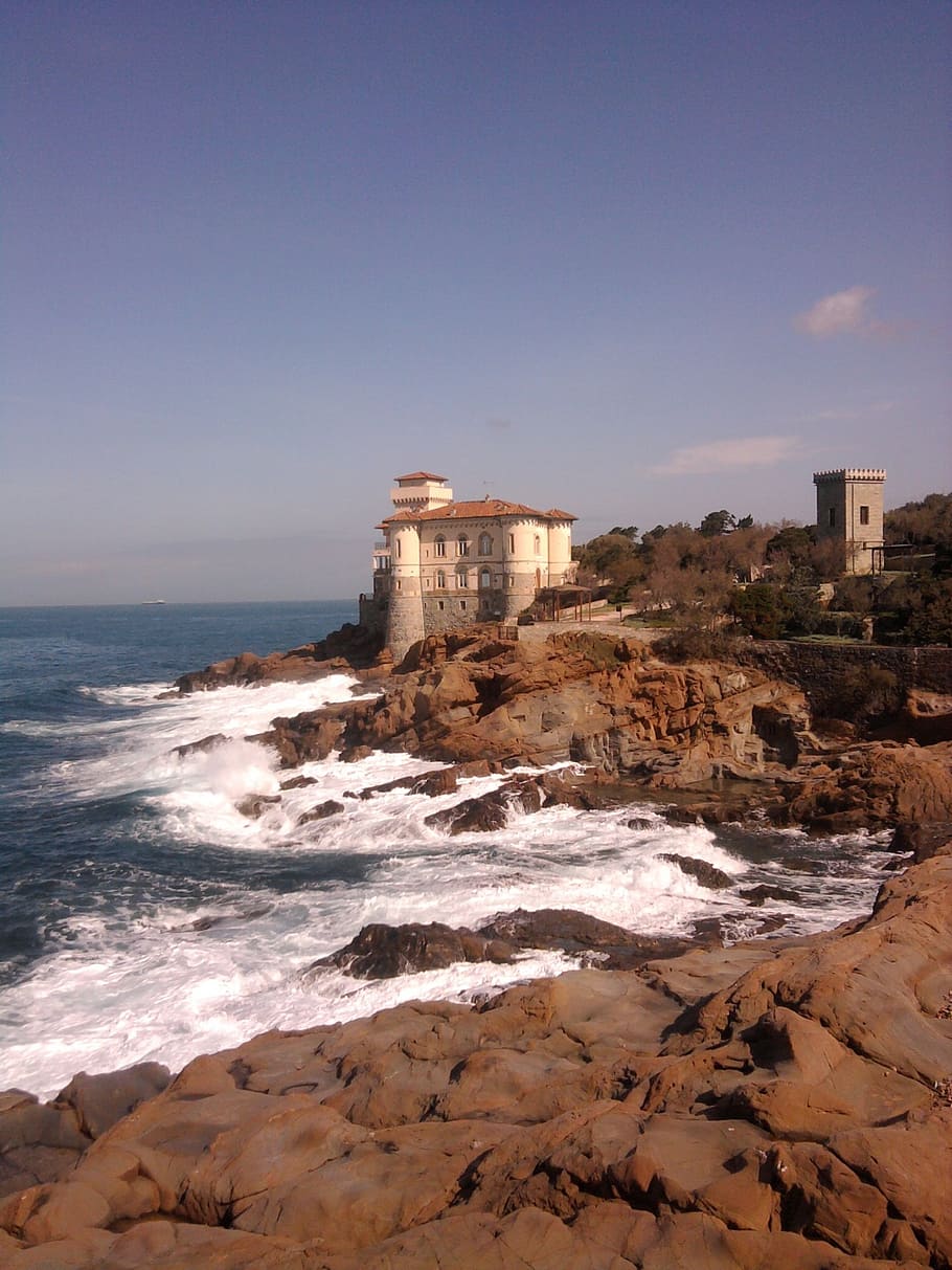 coastline, seashore, castle, cliff, tuscan, rocky, seaside HD wallpaper