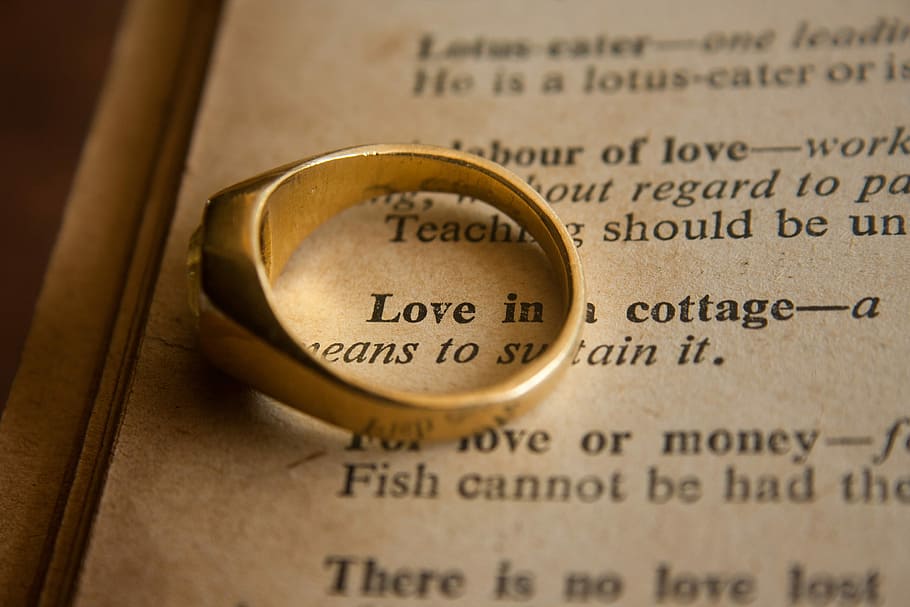 gold ring on book page, love, text, emotion, words, marriage