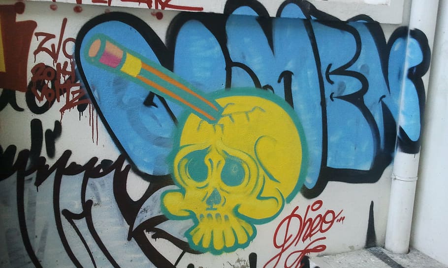 graphite, head, skull, drawing, color, graffiti, art and craft HD wallpaper