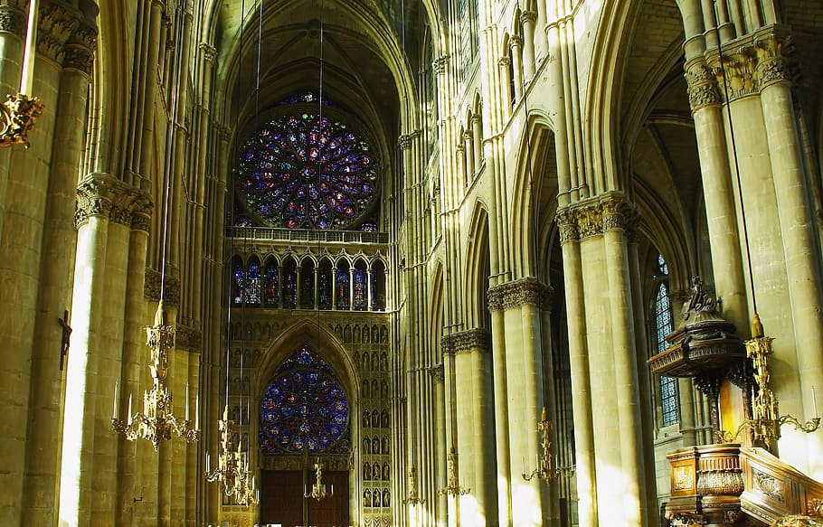 reims, cathedral, nave, columns, pilasters, vaults, rosette HD wallpaper