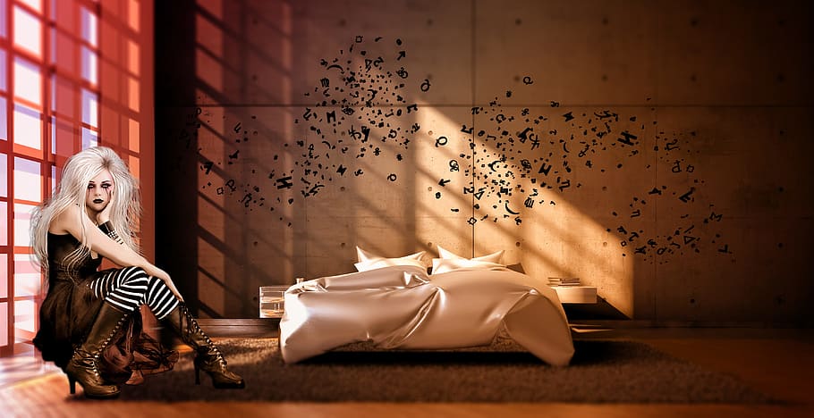 woman beside bed artwork, room, digital creation, emotions HD wallpaper