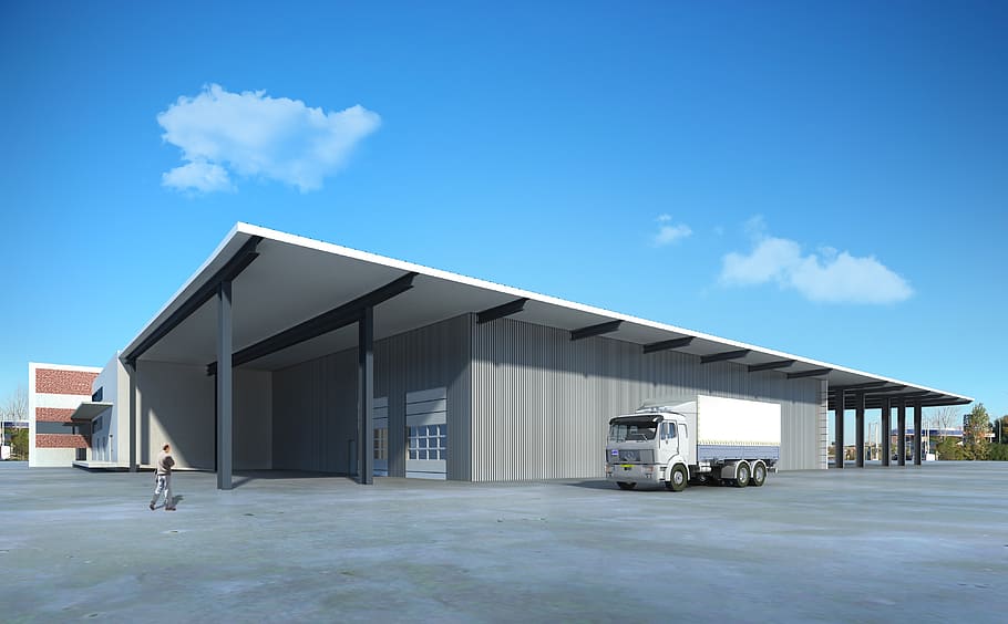 white truck parked beside gray building under blue sky concept illustration HD wallpaper