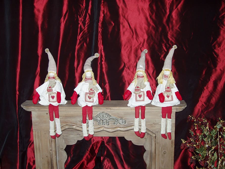 four girl doll decors, Advent, Decoration, Christmas, red, no people HD wallpaper