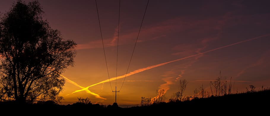 power pole, energy, tree, sunset, sky, nature, landscape, the background, HD wallpaper