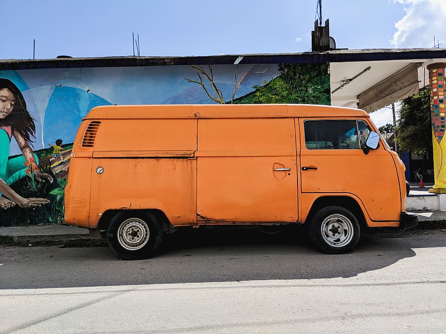 orange van parked beside house, orange van beside concrete house HD wallpaper