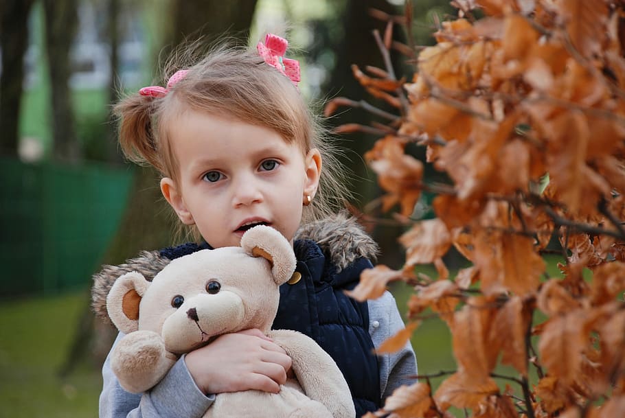 girl holding beige bear plush toy beside brown leaf, baby, cute, HD wallpaper