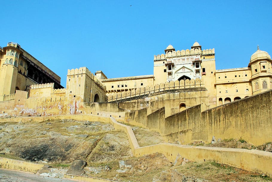 beige concrete building, india, amber, fortress, palace, maharajah, HD wallpaper