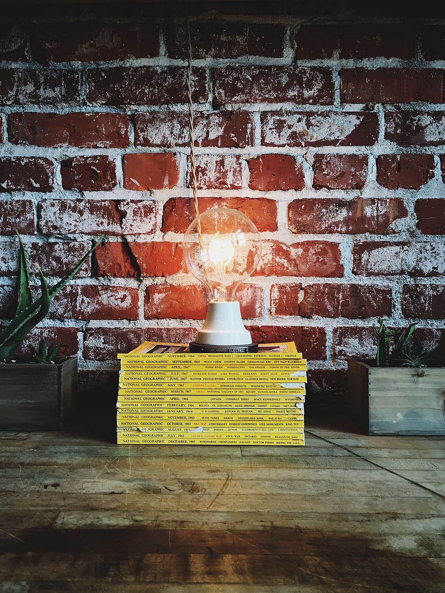 books, bricks, lamp, light, light bulb, pattern, rustic, stack HD wallpaper