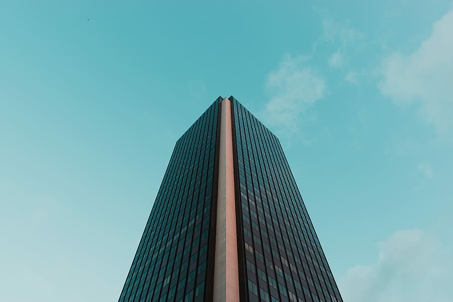 low angle black concrete tower, architectural photography of glass building HD wallpaper