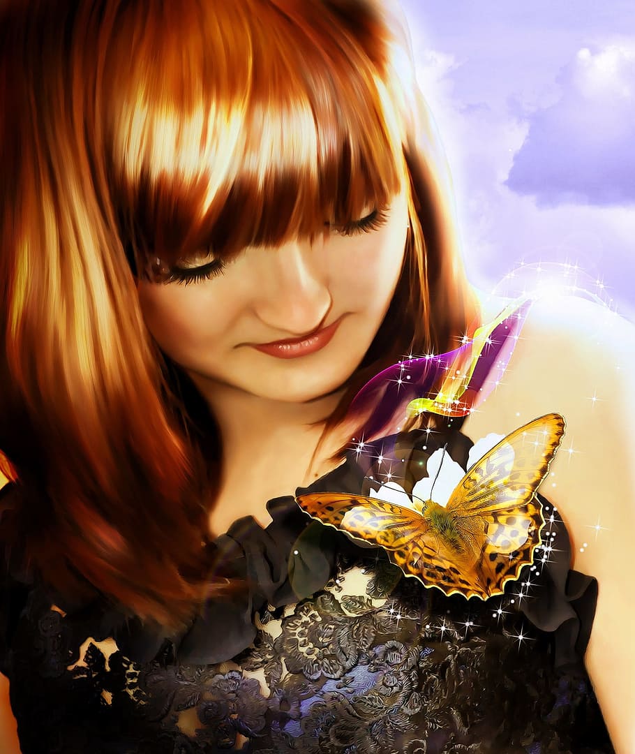 woman looking down towards her chest with butterflies, girl HD wallpaper