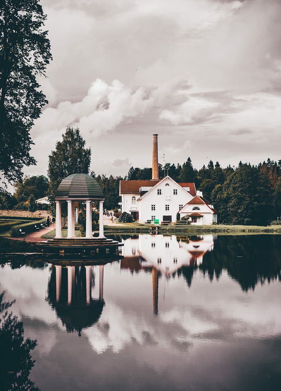 white and brown house near lake and trees, house with chimney and gazebo near lake during daytime HD wallpaper