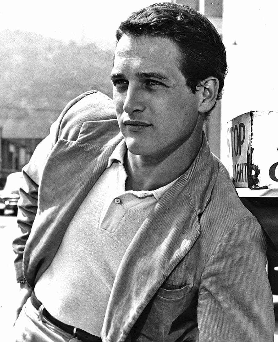 grayscale photo of man wearing polo shirt with coat, paul newman