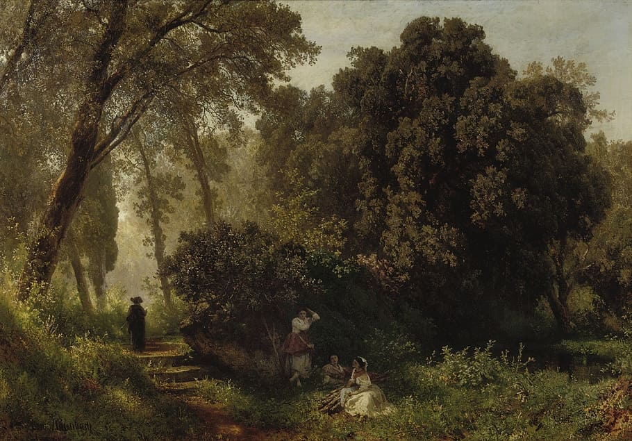 three women under tree on grass field beside pathway painting