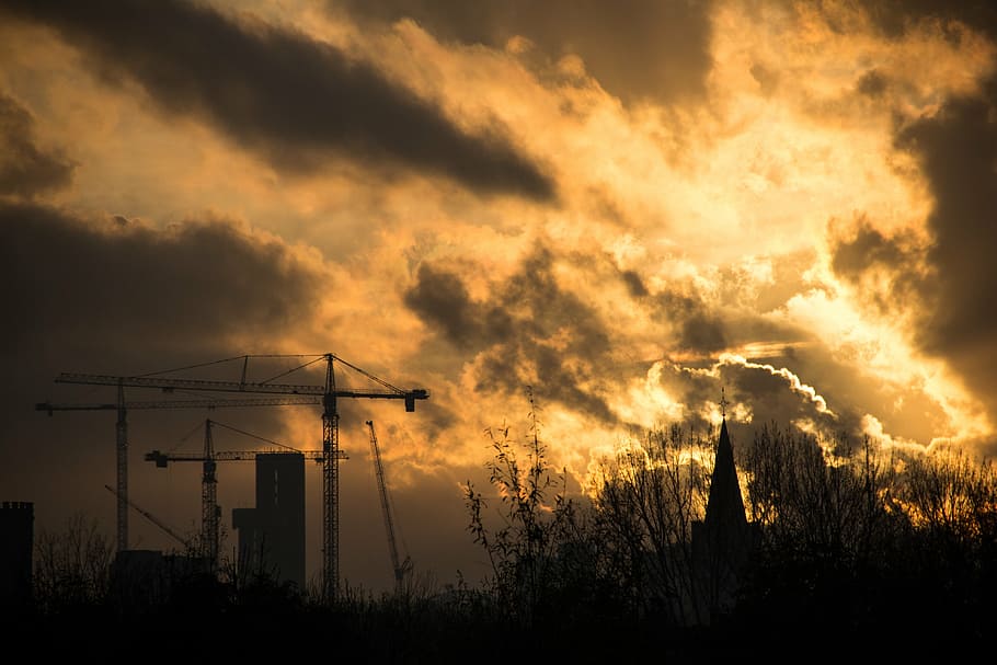 sunset, construction, crane, construction site, clouds, sky HD wallpaper
