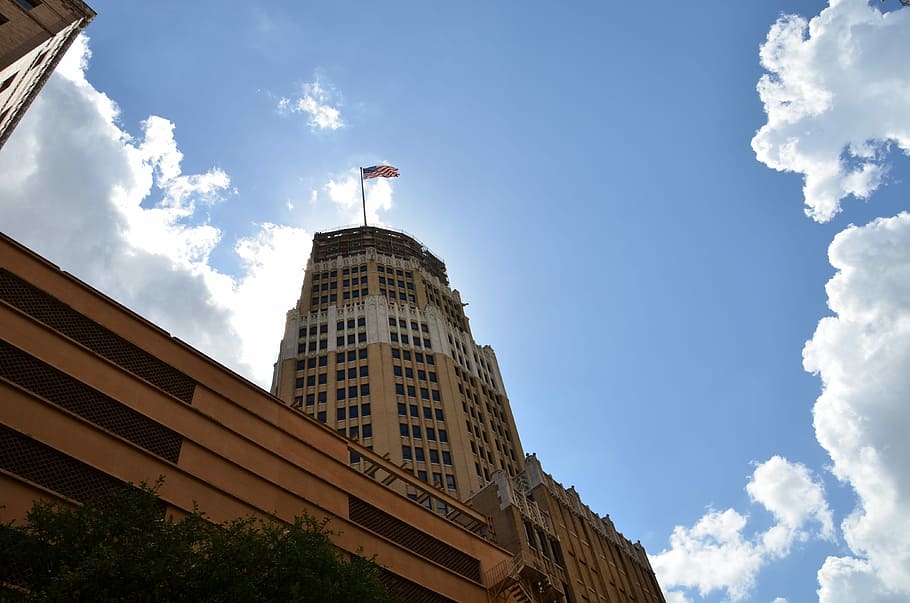 architecture, sun, sky, building, flag, usa, sunny, american HD wallpaper