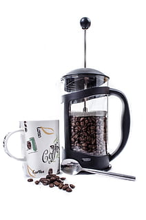 black French press near ceramic mug, aroma, aromatic, beverage HD wallpaper