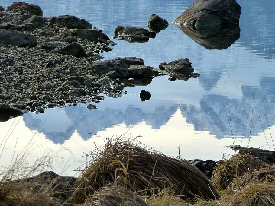 reflection, mountains, dachstein, reflections, panorama, quiet HD wallpaper