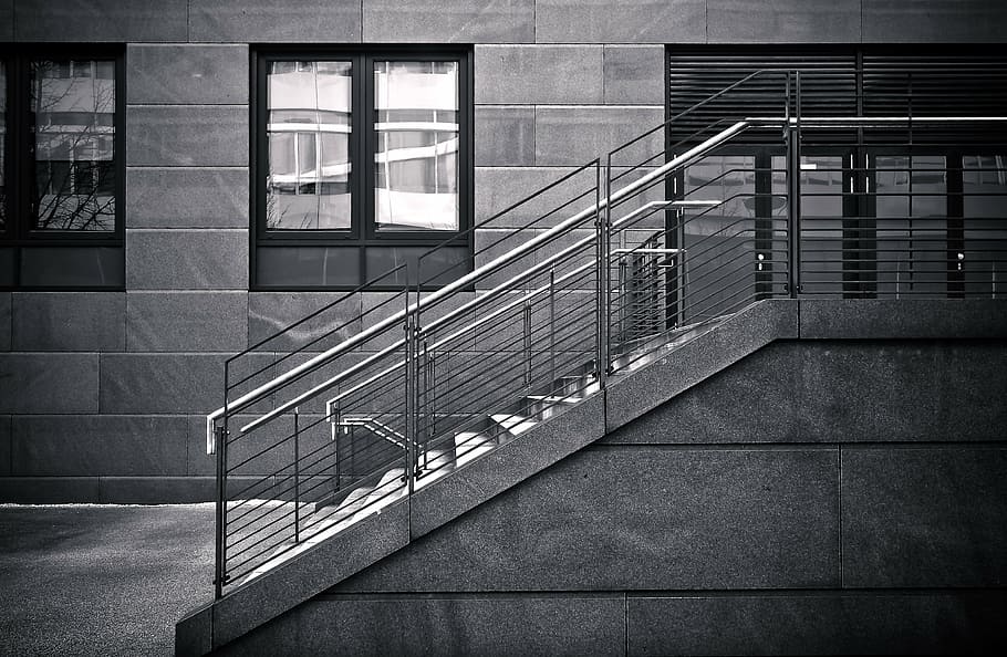 greyscale photography of empty stair set with railings, architecture HD wallpaper