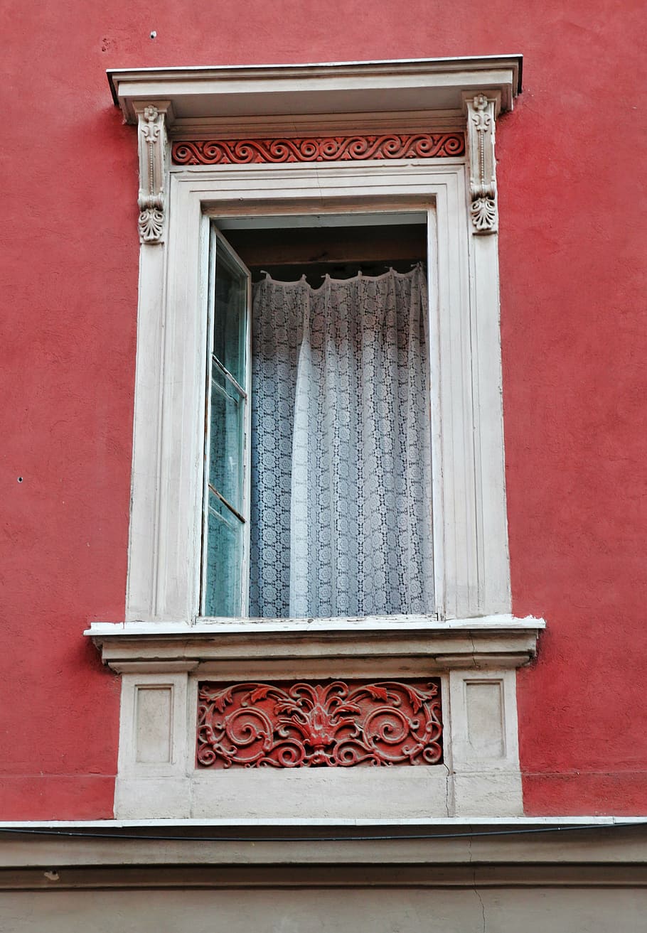 window, wall, red, opened, curtain, building, architecture HD wallpaper