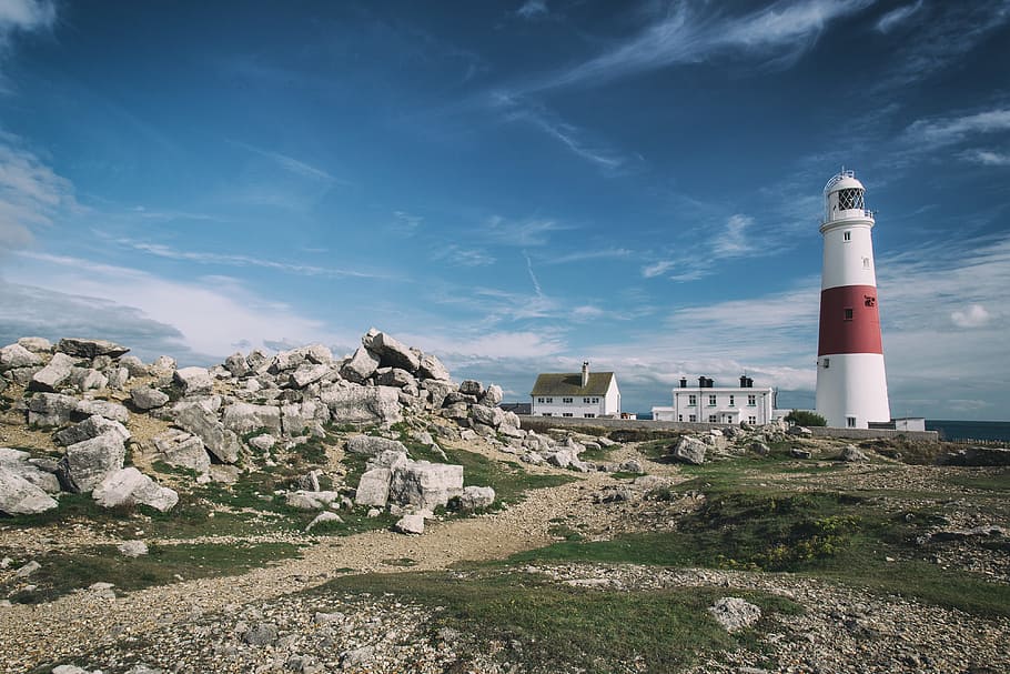 Wide angle landscape shot of Portland Bill Lighthouse on the Jurassic Coast in Dorset, England, HD wallpaper