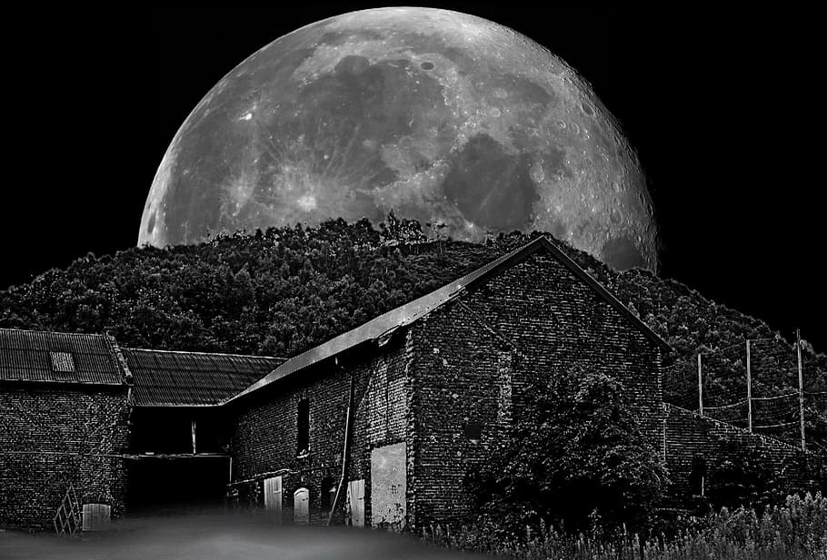 nostalgia, moon, farm, architecture, built structure, sky, night HD wallpaper