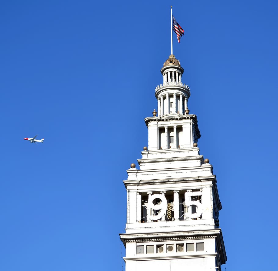 tower, flag, clock tower, port, san francisco, plane, flying HD wallpaper